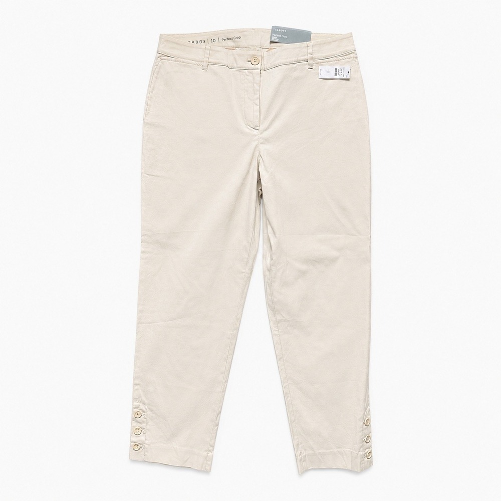 NWT Talbots Perfect Crop Pants‎ Cream Beige Slim Leg Button Hem Size 10